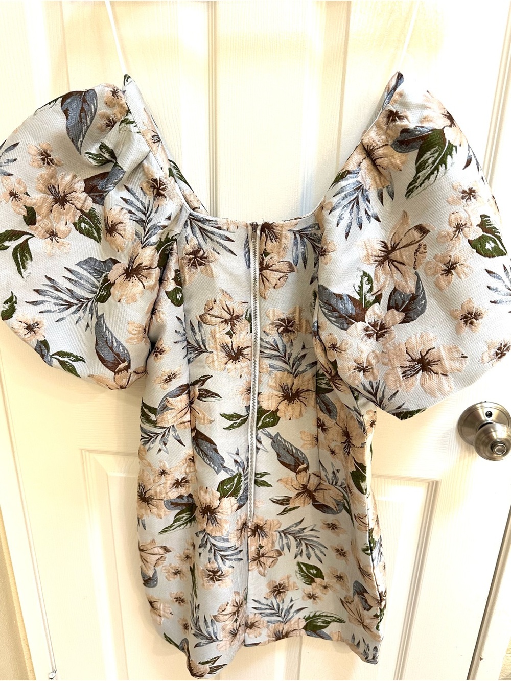 Avantlook Cream Floral Puff-Sleeve Tunic with Green & Blue Leaves